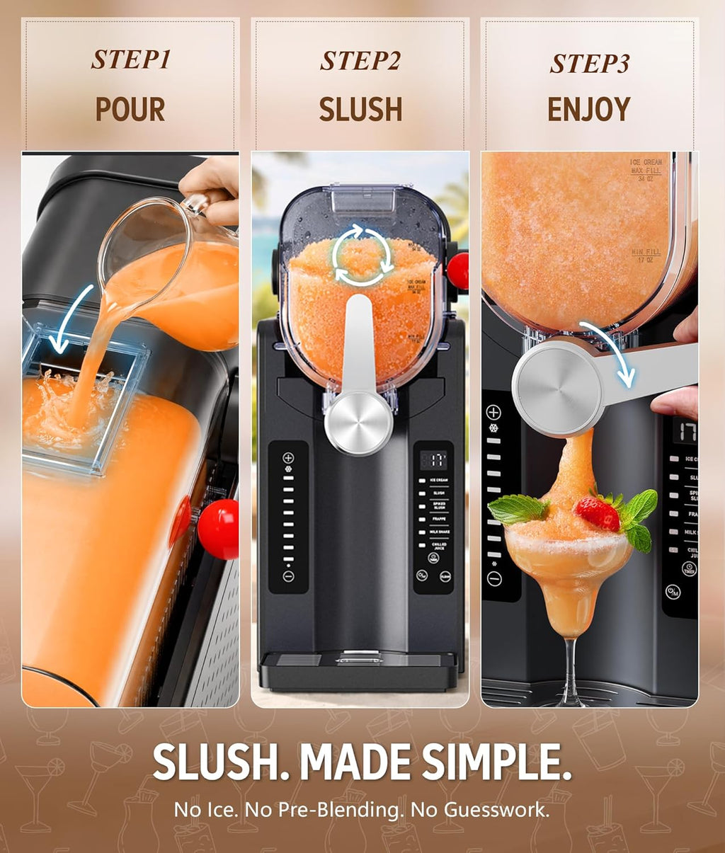Slushie Machine: No Ice Needed Slushy Machine for Home, 6 Preset, Real-Time Temp Display, Auto-Clean | Frozen