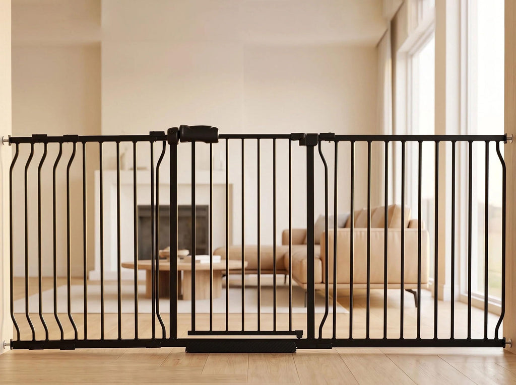 105" Extra-Wide Adjustable Hardware/Pressure-Mounted Pet & Child Safety Gate with Dual-Lock Walk-Through Swing Door for Stairs, Hallways & Wide Doorways