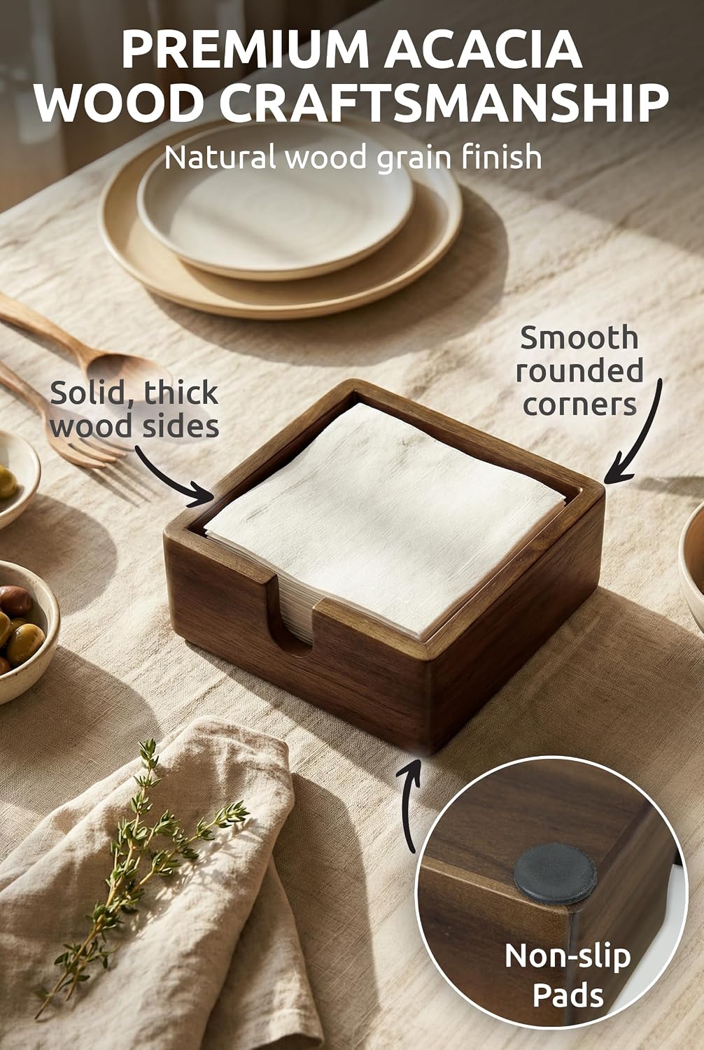Acacia Wood Cocktail Napkin Holder 5.4 in, Square Bar Napkin Tray