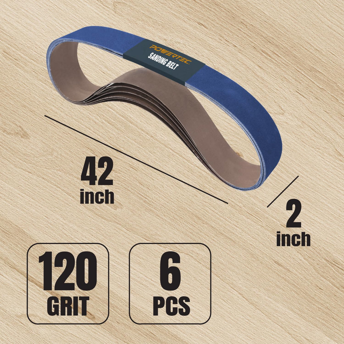 POWERTEC 2x42 Zirconia Sanding Belts, 6PK, 120 Grit 2 x 42 Sanding Belts for 2x42 Belt Sander, Grinder, Belt and Disc Sander, Knife Making, Woodworking, Metal Working (424212Z-6)