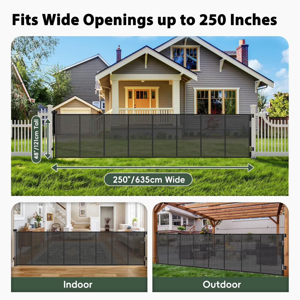 250" Extra-Wide Retractable Indoor Mesh Pet & Child Safety Gate with One-Hand Safety Lock for Wide Openings, Patios & Stairways