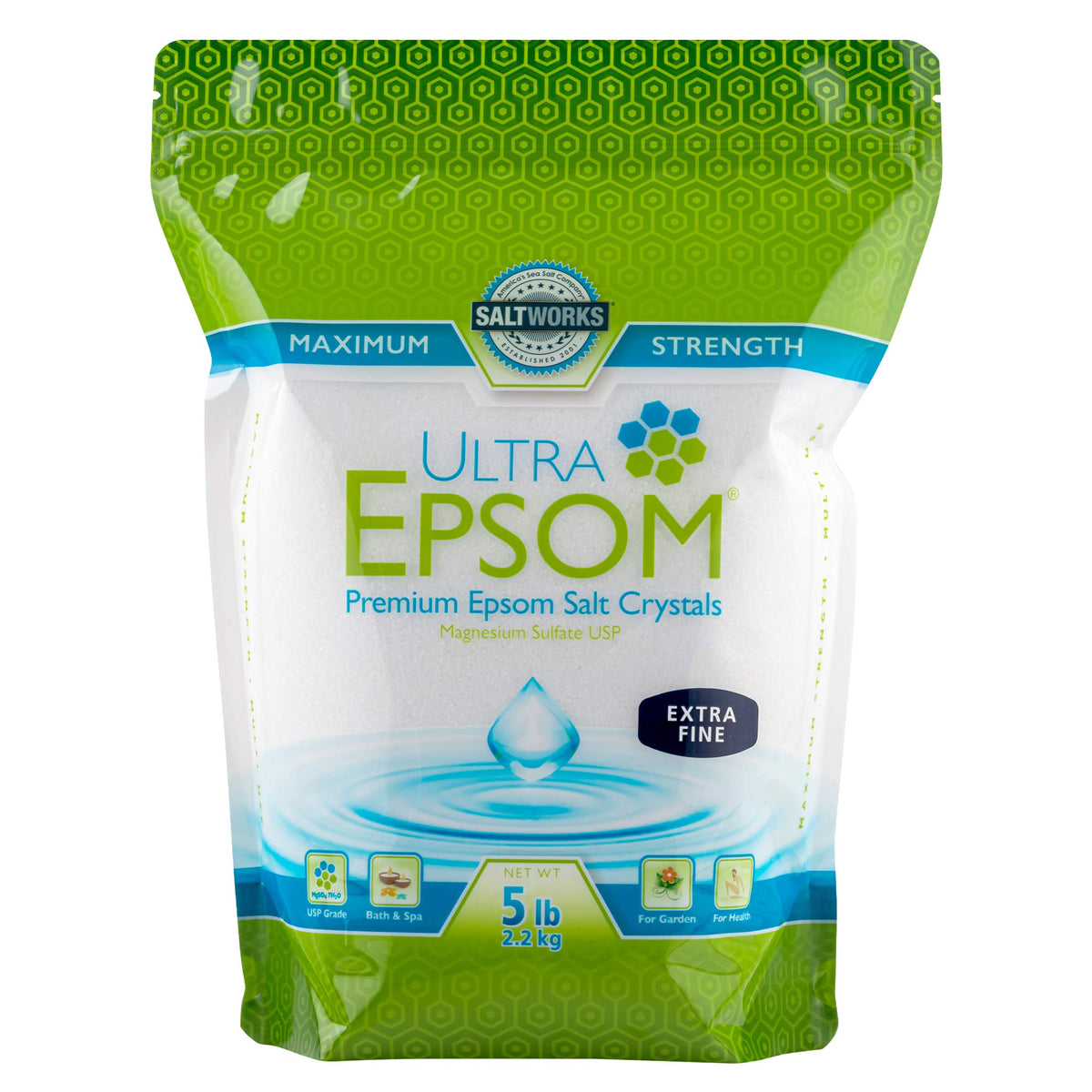 Ultra Epsom Bath Salt, Unscented, Extra Fine Grain, 5 Pound Bag