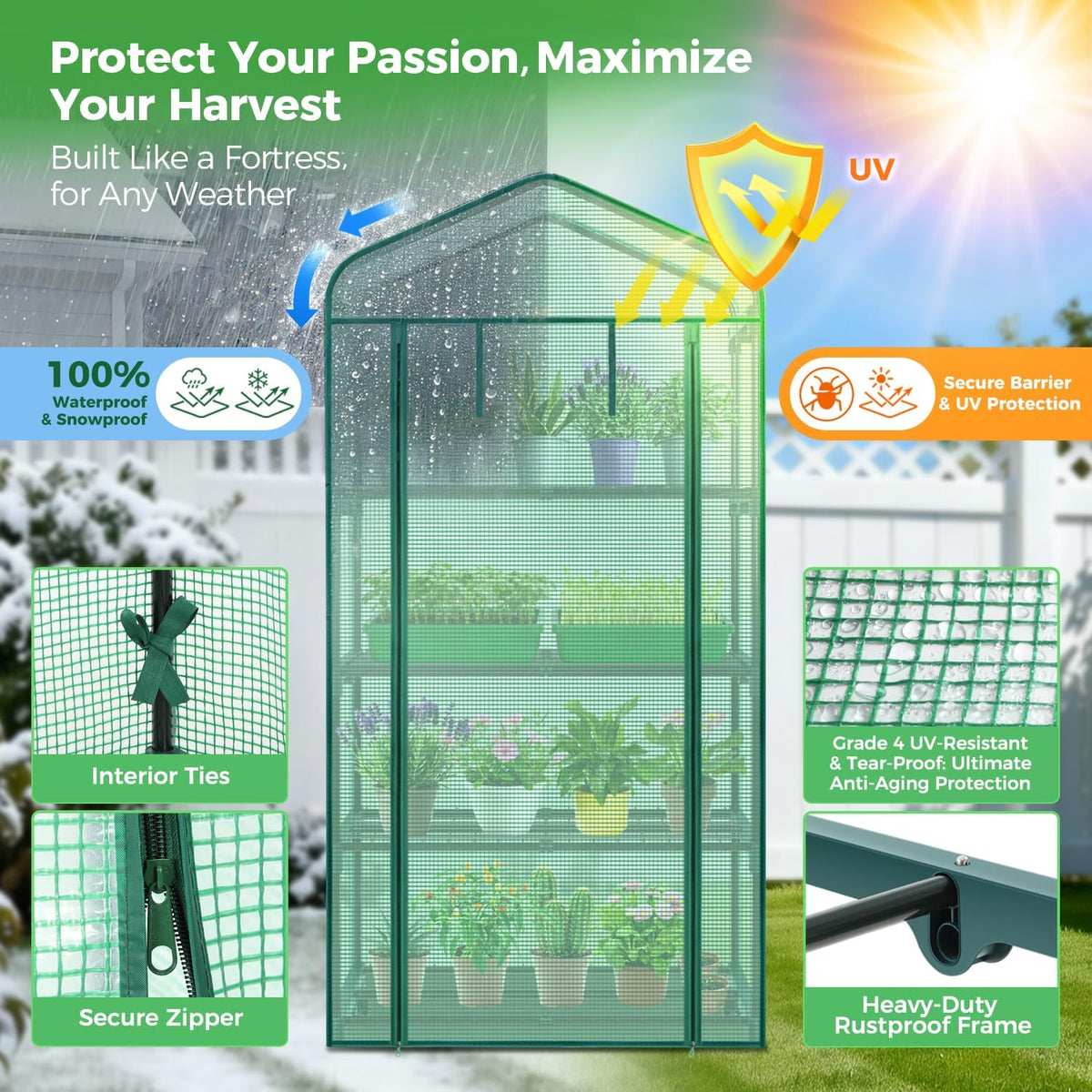 Mini Greenhouse for Indoor Outdoor, 27 x 19 x 62-Inch Small Plant Green House 4-Tier Rack Stand Portable Greenhouses
