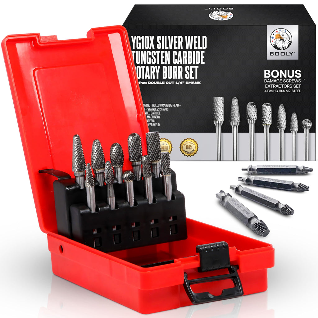 BOOLY Premium-Grade Die Grinder Bits Carbide Burr Set 1/4 Shank 10PC+ Bonus