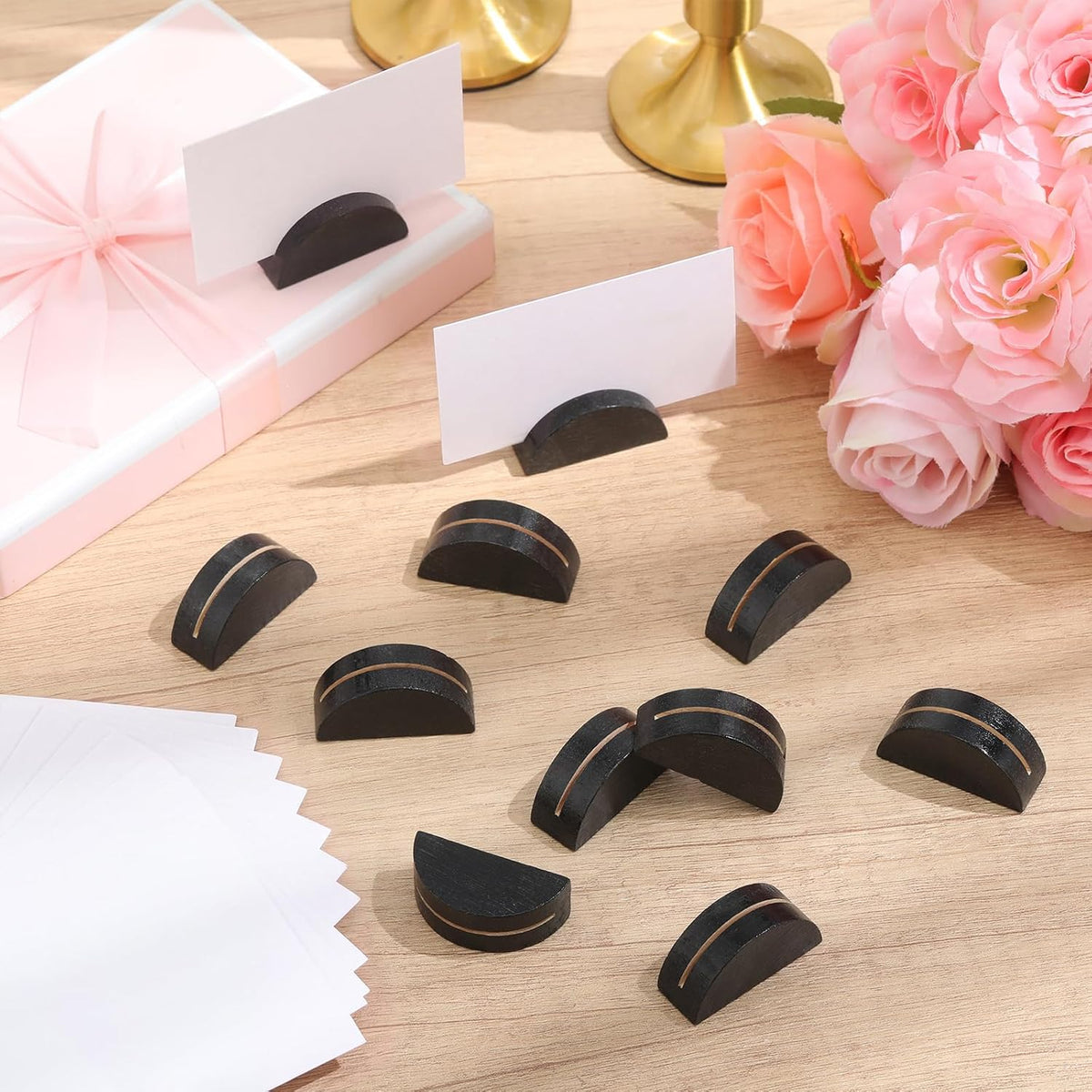 24 Pcs Wooden Table Number Stands with Tented Cards,Black, White