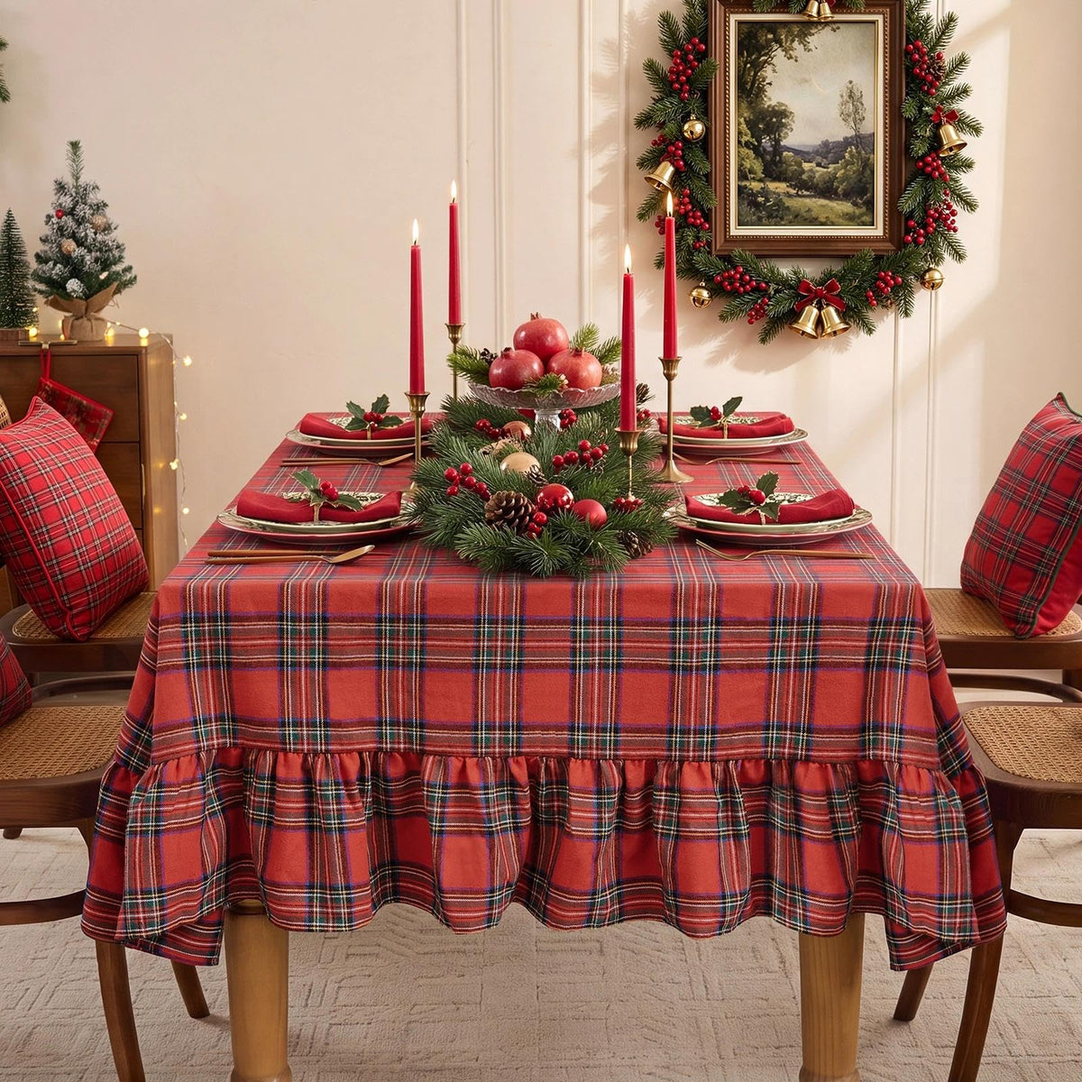 Christmas Plaid Ruffled Tablecloth Rectangle, 60x84 Inch Red