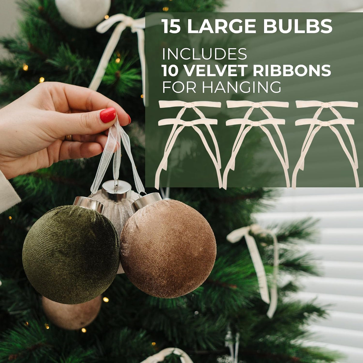 Elegant Velvet Christmas Ornaments Set with 15 Shatterproof Balls & 10 Matching Velvet Bows - Complete Festive Tree