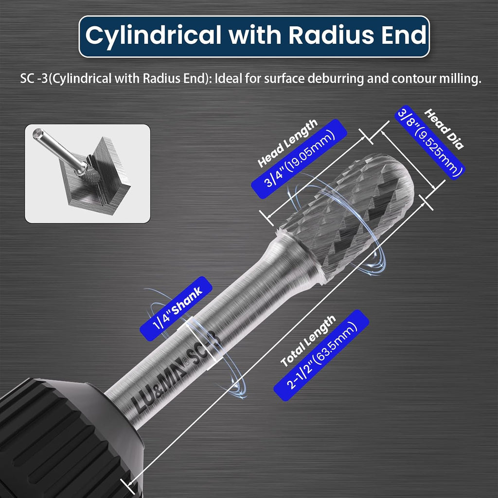 LU&MN SC-3 Tungsten Carbide Burr, 3/8" Head 1/4" Shank, 4 Pcs