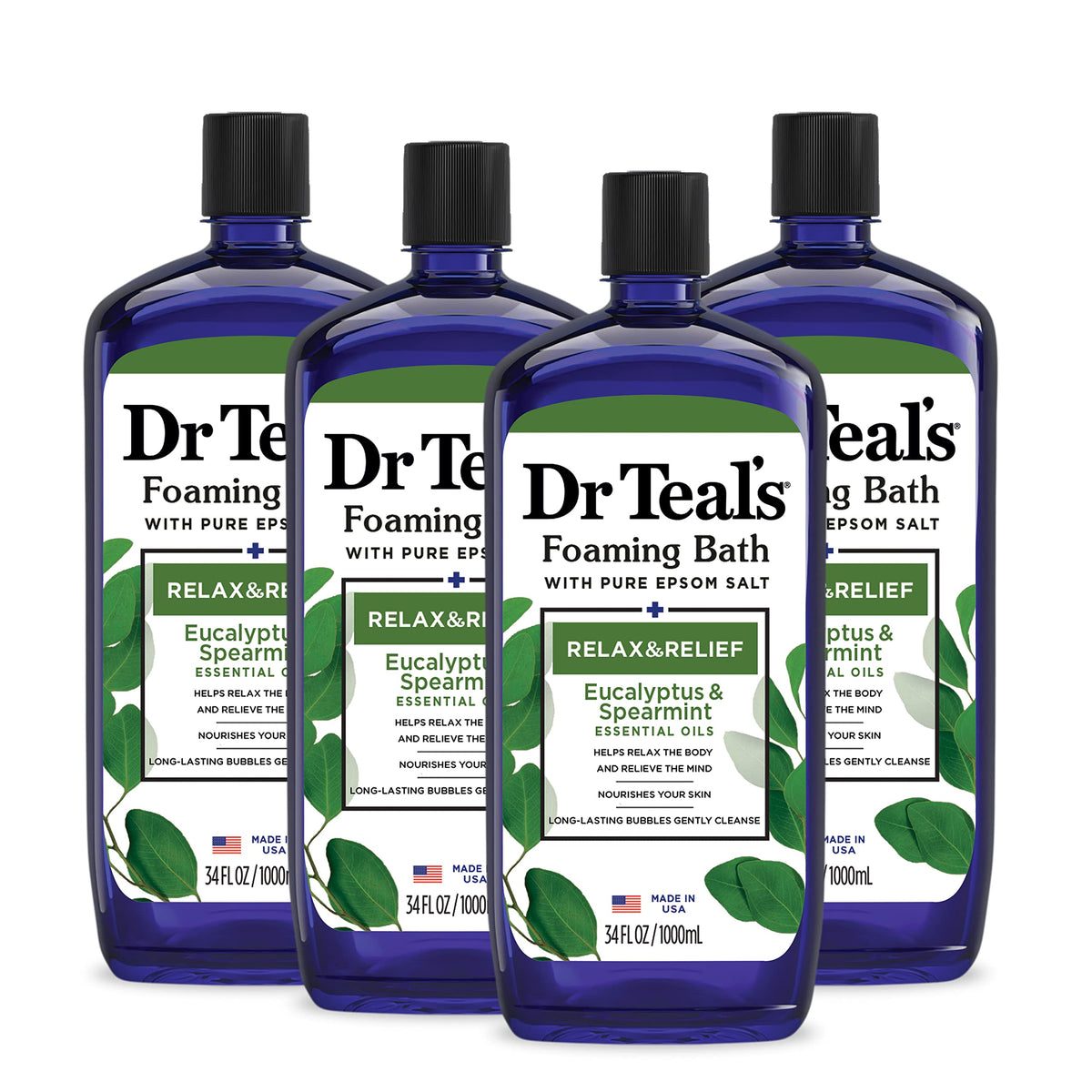 Foaming Bath with Pure Epsom Salt, Relax & Relief with Eucalyptus & Spearmint, 34 fl oz (Pack of 4)