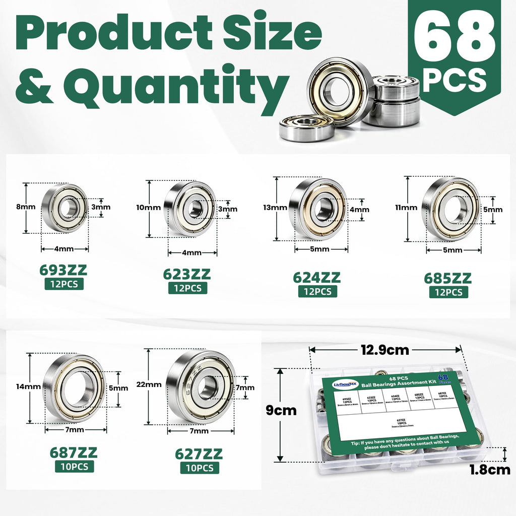 68 PCS Ball Bearings Kit, 6 Sizes Steel Small Roller Bearings