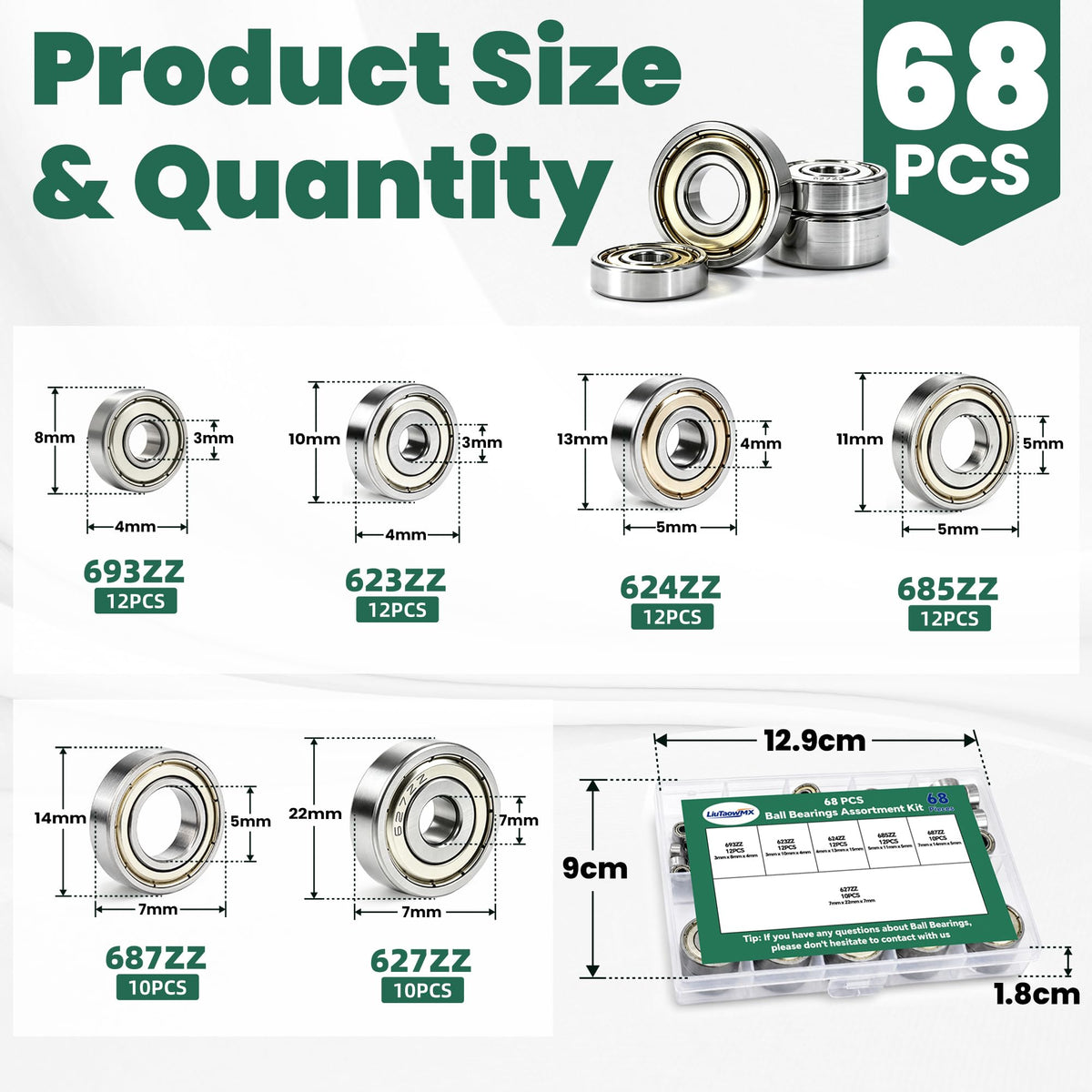 68 PCS Ball Bearings Kit, 6 Sizes Steel Small Roller Bearings
