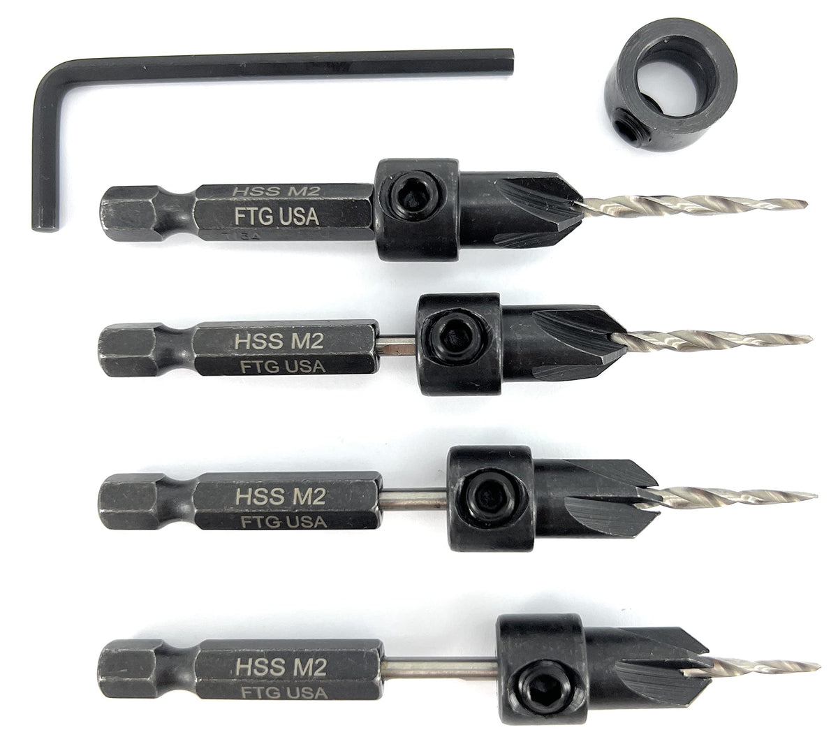 FTG USA #4 (7/64") Wood Countersink Drill Bit 4-Pc Set with 3/8" Depth Stop