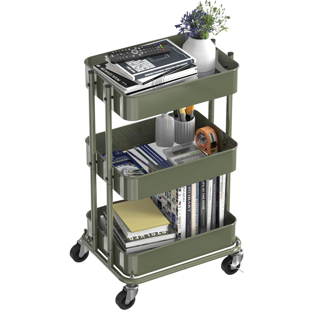 3-Tier Utility Cart, Low 24" Height Fits Under Desk, Green