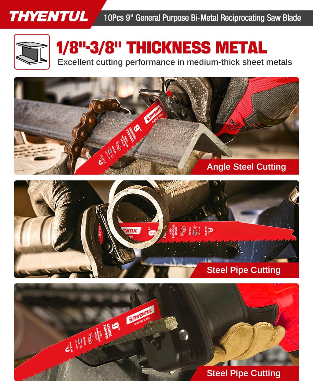 10 Pack 9 Inch 8/14 TPI Reciprocating Saw Blades, Multi-Purpose Bi-Metal Sawzall Blades for Wood & Nail-Embedded Wood,Metal Cutting for 1/8"-3/8" Medium Metals,Compatible with Diablo Sawzall Blade