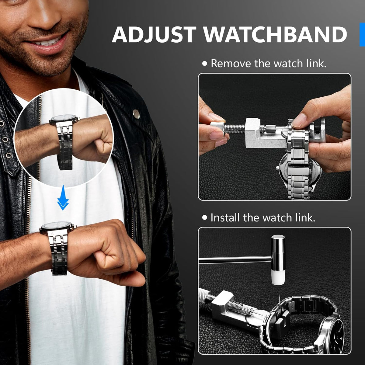 Watch Repair Kit + Watch Press Tool, Battery Replacement, Strap Adjustment, Wrench Opening Back Cover, Case