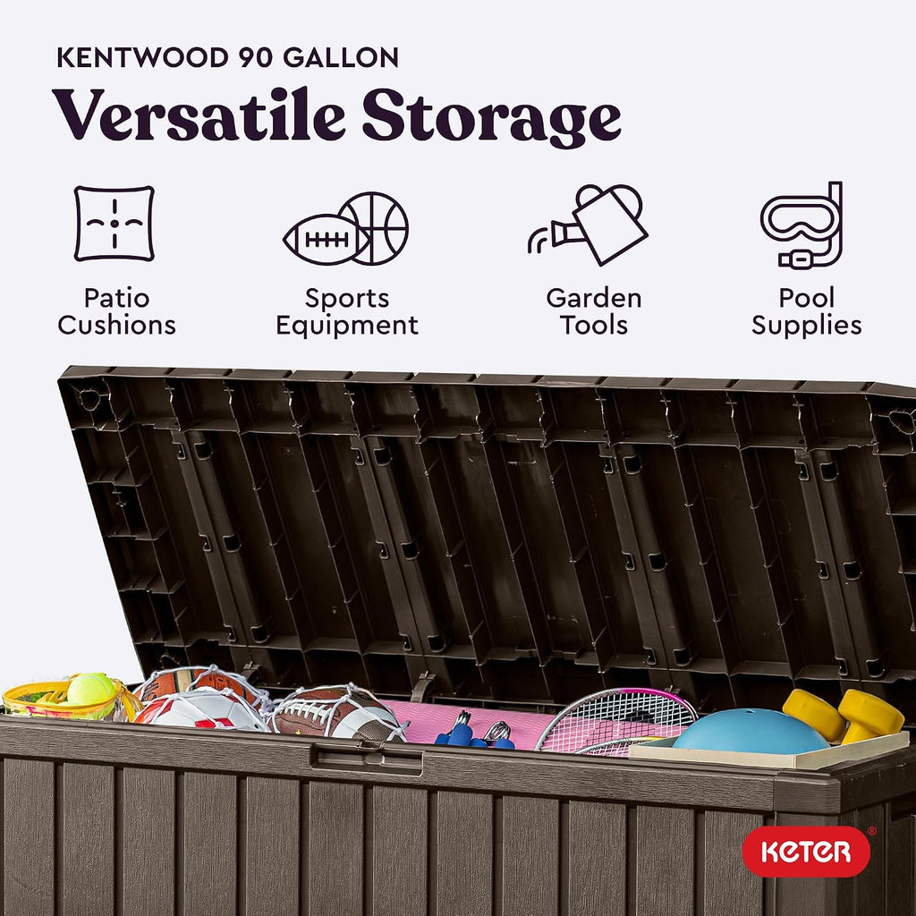 Kentwood 92 Gal Outdoor Storage Box for Patio and Pool Accessories | Brown, Resin, Large, Weatherproof, Lockable
