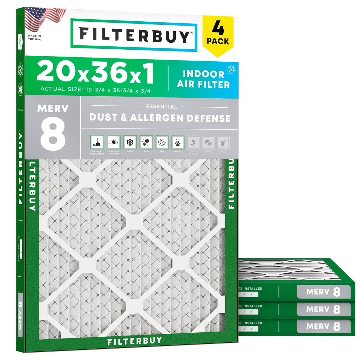 20x36x1 Air Filter MERV 8 Dust & Allergy Defense (4-Pack)