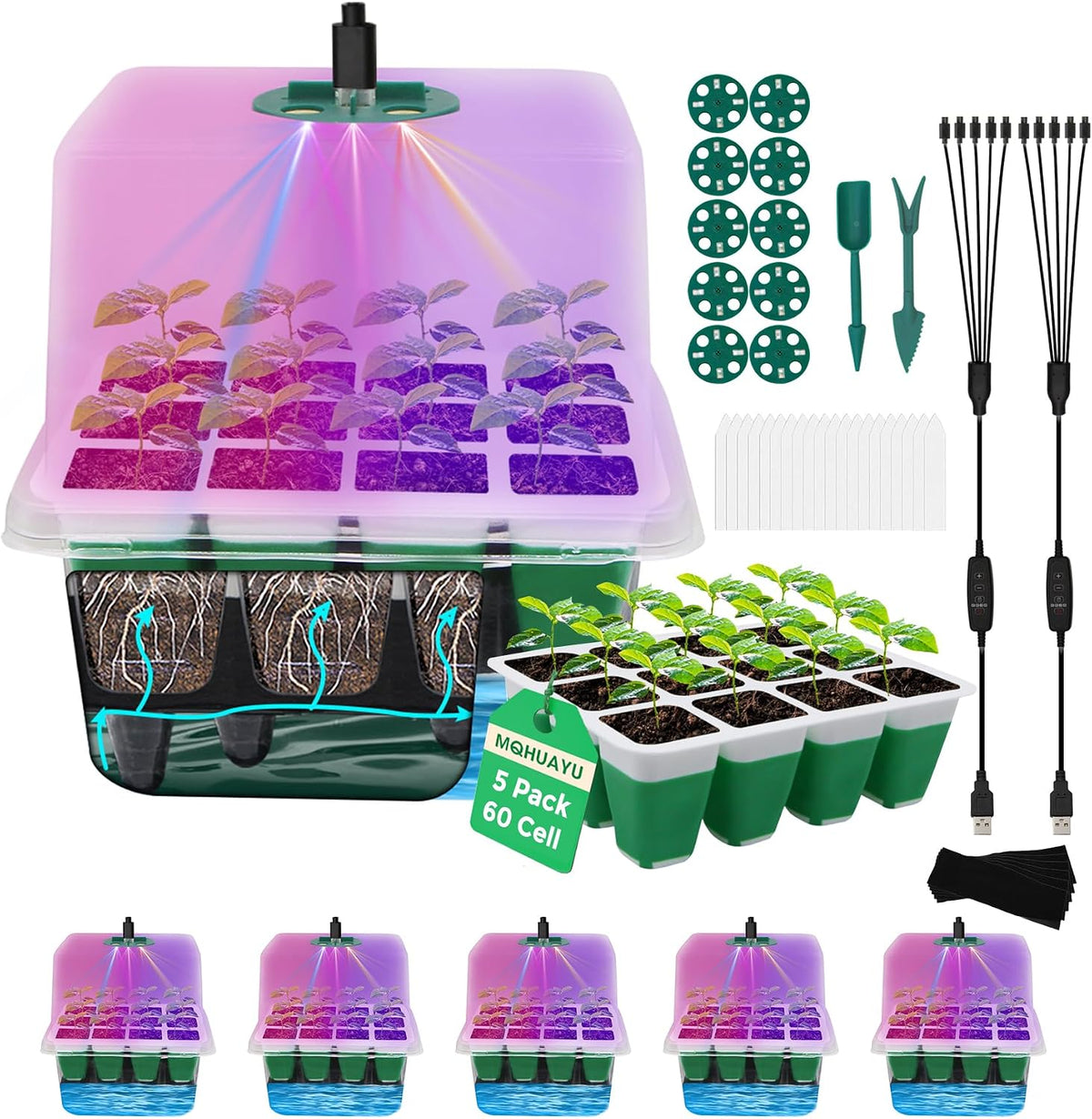 60-Cell Self Watering Seed Starter Tray with Grow Light, 5-Pack Reusable Seed Starter Kit with Soft Silicone, Plant