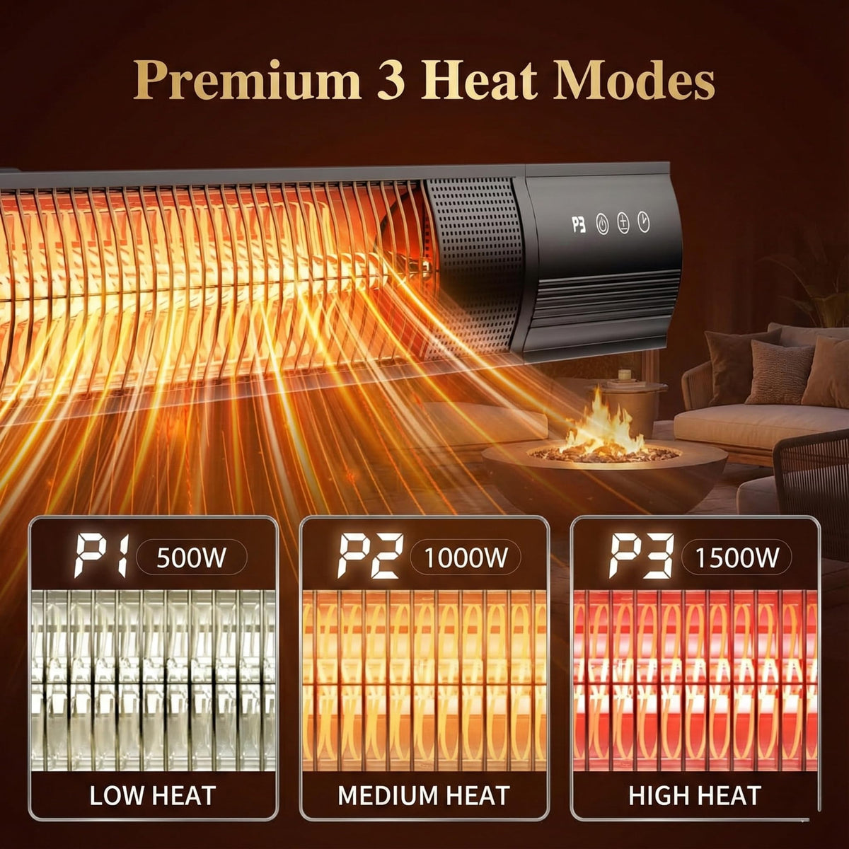Electric Patio Heater, 1500W Outdoor Infrared Heater with Remote Control, 3 Heat Settings, IP65 Waterproof, 24H