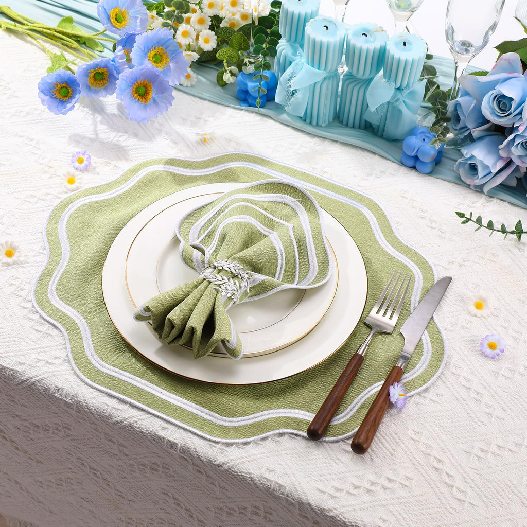 6 Pcs Cotton Placemats Cotton, Scalloped Edge Sage Green