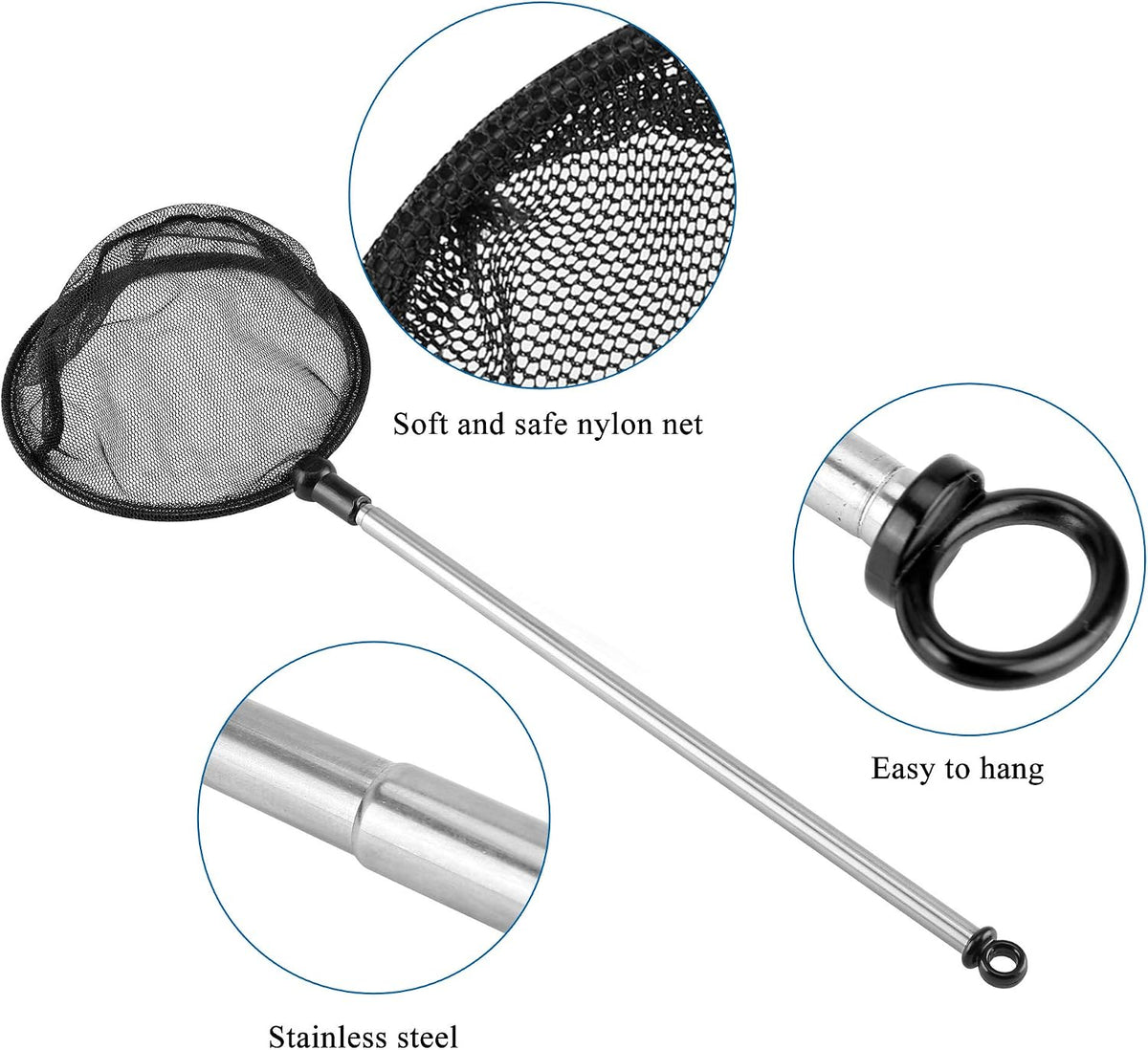 Aquarium Fish Net, Fine Mesh Net for Fish Tank, Telescopic Fish Net with Extendable Stainless Steel Long Handle