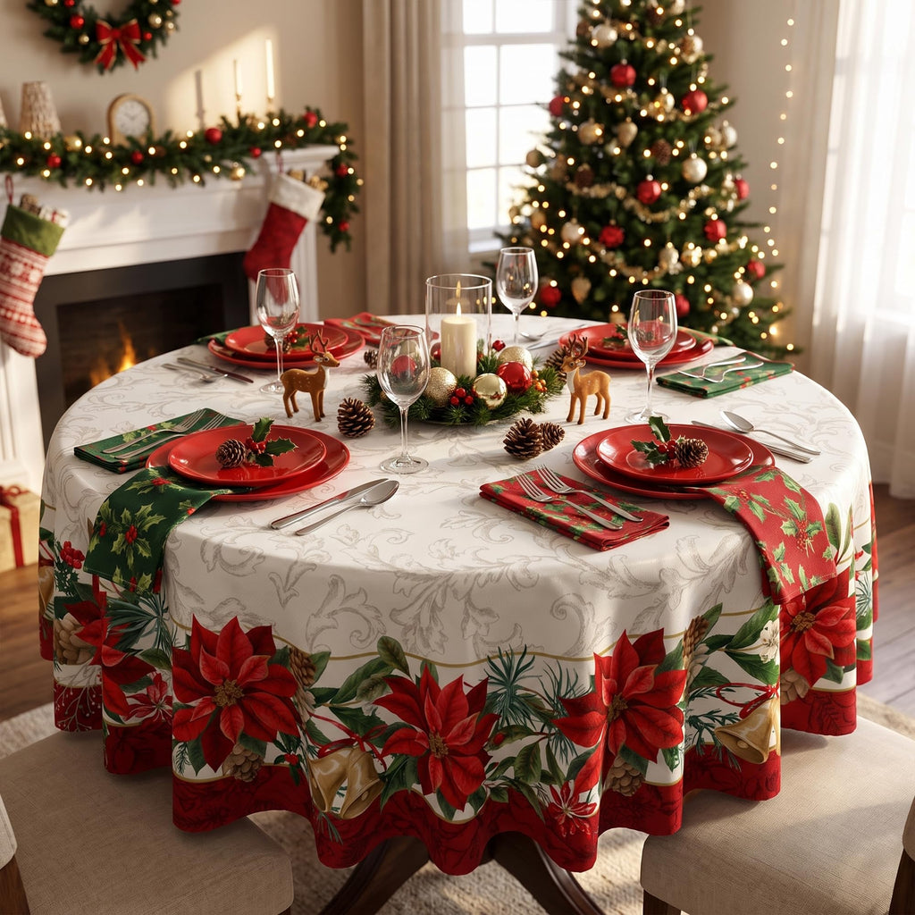 Christmas Poinsettia Tablecloth 70 Inch, Vintage Red Floral Bell Pine Cone Round Table Cover, Xmas Border Design