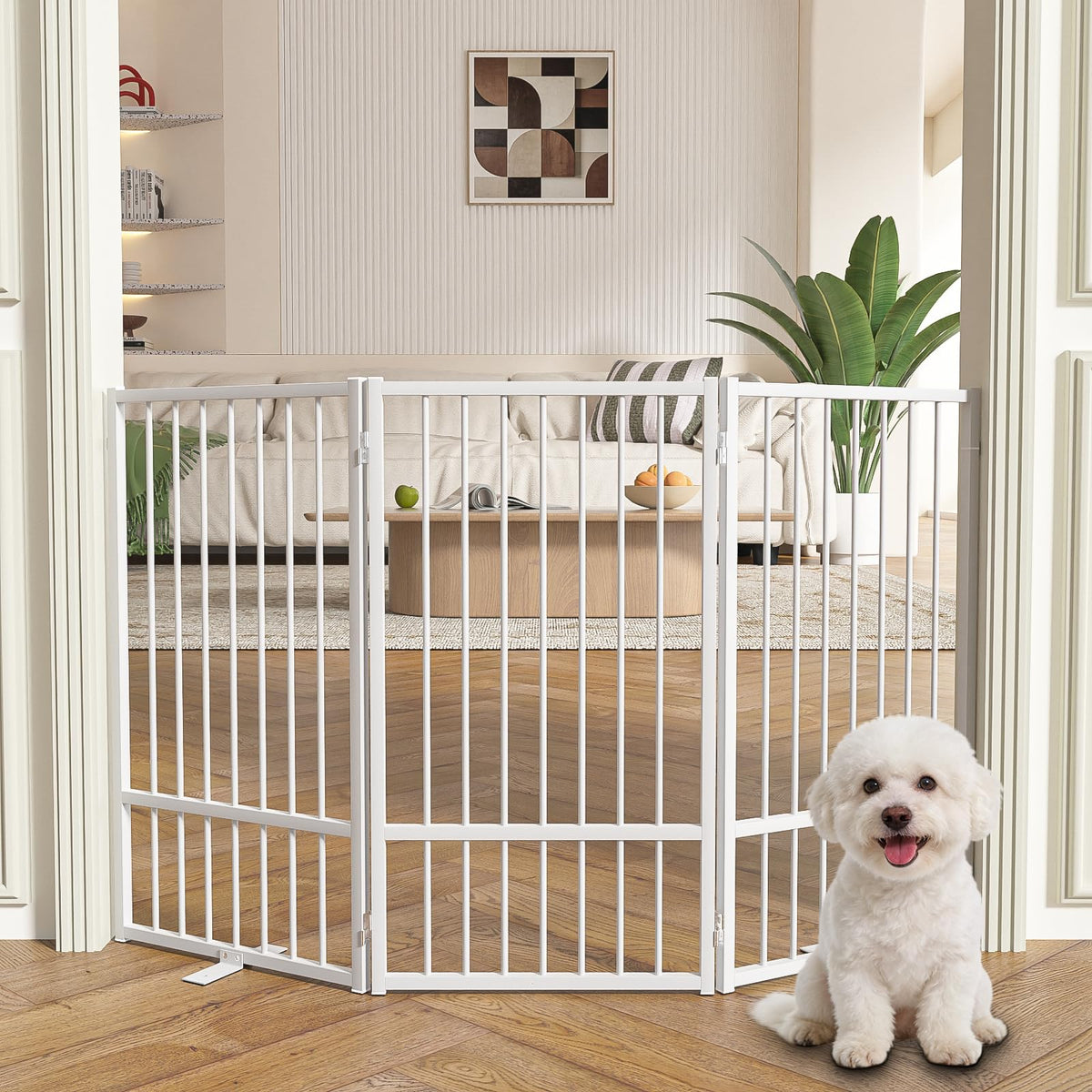 3-Panel Freestanding Heavy-Duty Steel Folding Pet & Dog Barrier Gate with Walk-Through Swing Door for Wide Indoor Openings, Hallways & Stairs