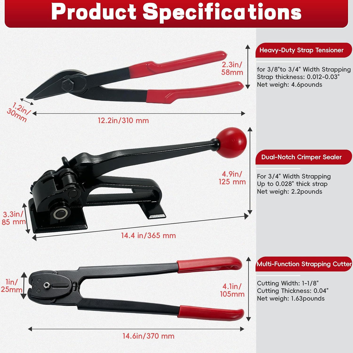 Banding Strapping Tool Kit 3in1 HD Steel 3/8"-3/4" Metal Straps