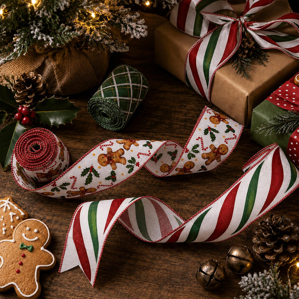 Christmas Wired Ribbon, 4 Rolls, 2.5 in x 5 yd Each, 20 yd Total
