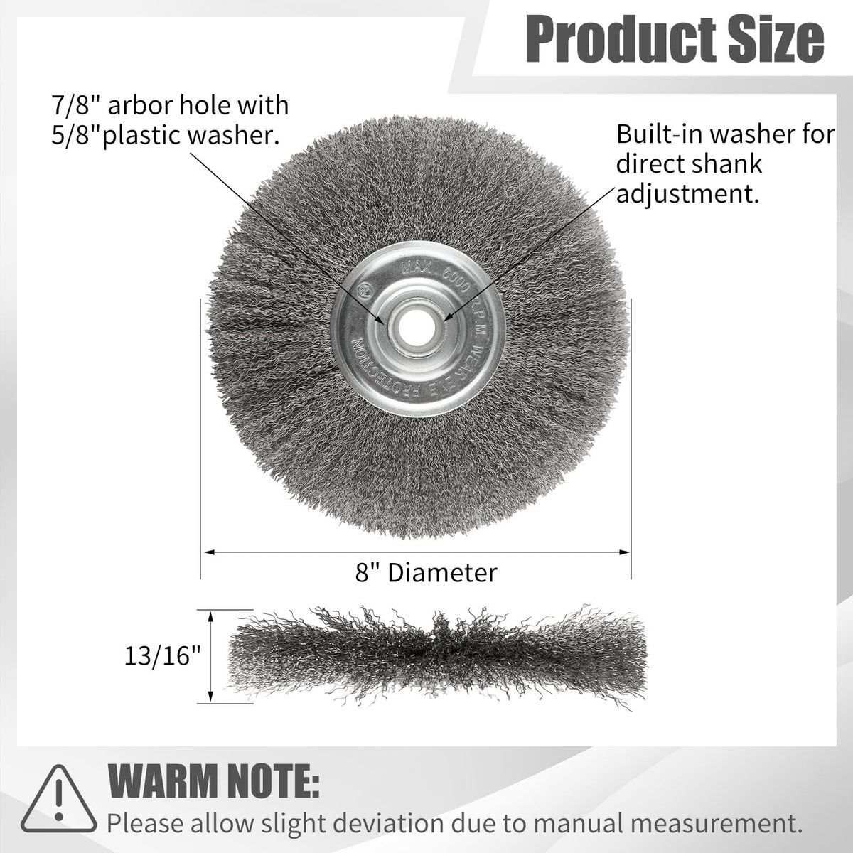 WENORA 8-Inch Wire Wheel for Bench Grinder, 0.012 Carbon Steel Wire, Bench Wire Wheel Brush with 5/8" & 7/8" Arbor Hole, for Removal of Rust, Paint and Scale from Metal