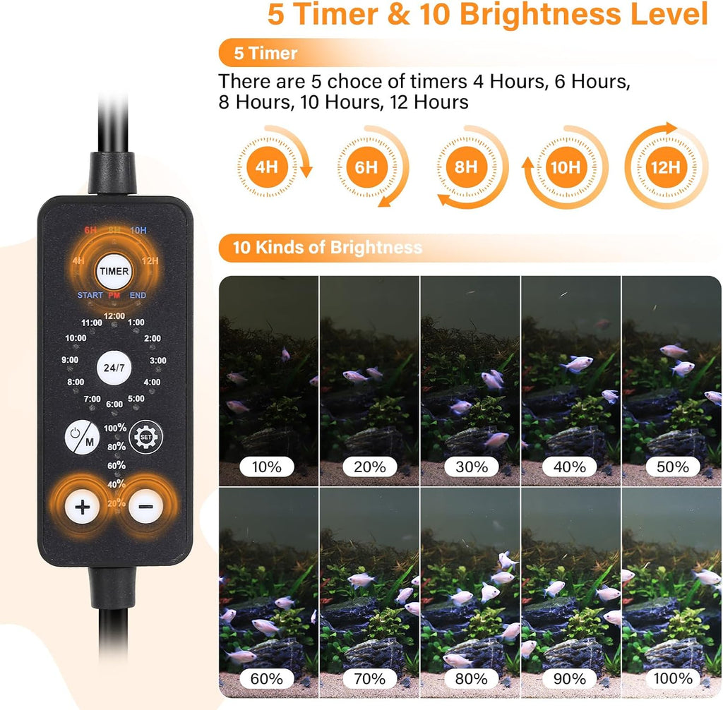 Submersible LED Aquarium Light, 8W 7 in 24/7 Mode Fish Tank Light with 5 Rows Beads, with Timer 9 Colors and