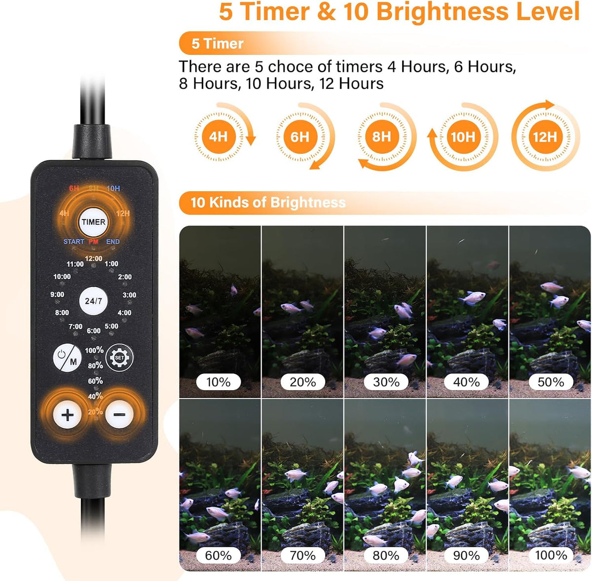 Submersible LED Aquarium Light, 8W 7 in 24/7 Mode Fish Tank Light with 5 Rows Beads, with Timer 9 Colors and