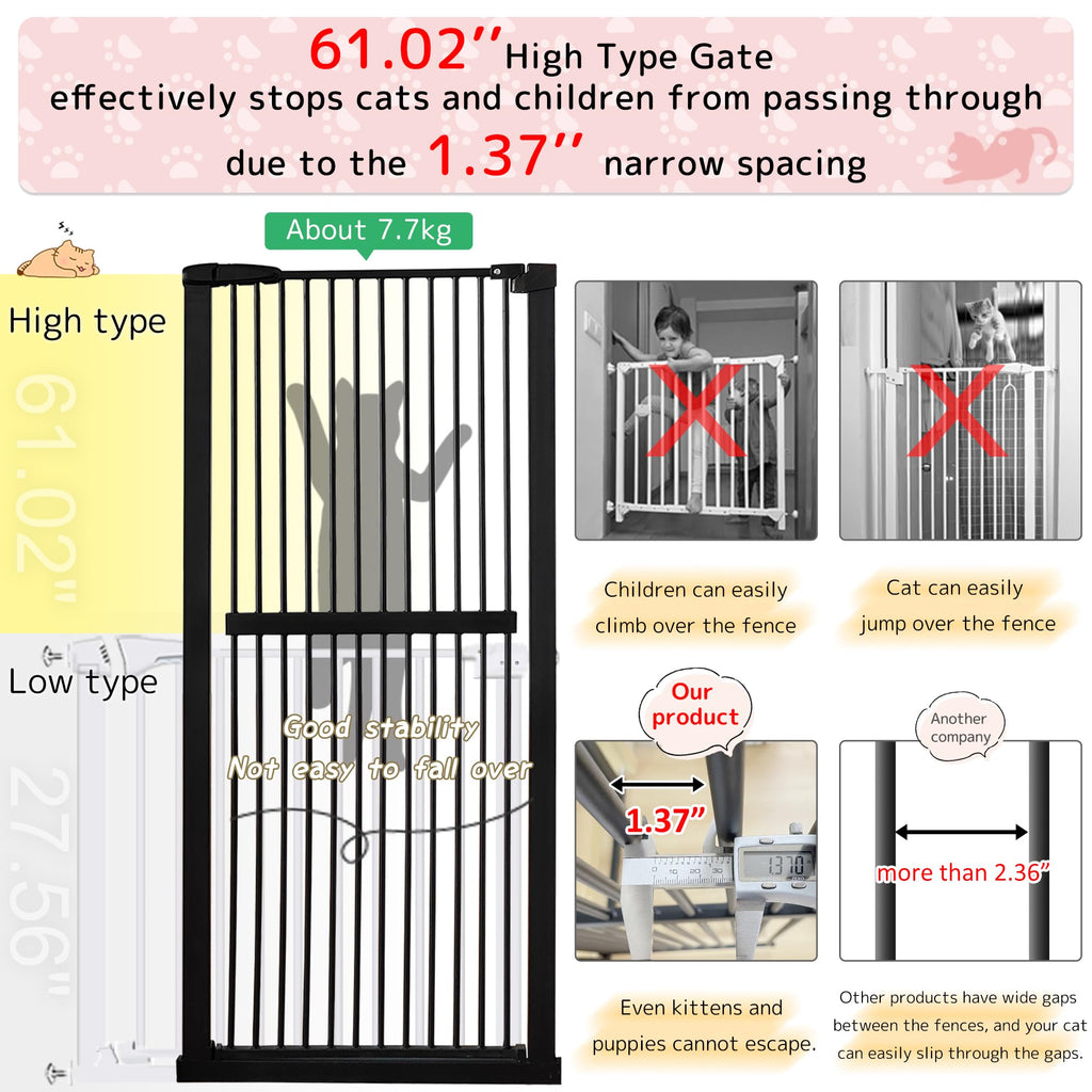 61.02" x 30.12-34.05" Wide Extra-Tall & Extra-Wide Adjustable Hardware/Pressure-Mounted Pet & Child Safety Gate with Dual-Lock Walk-Through Swing Door for Stairs, Hallways & Wide Doorways — Black