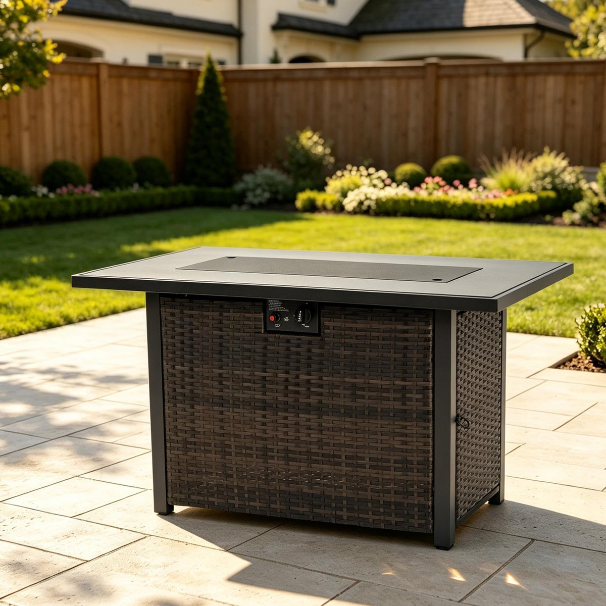 44 Inch Propane Fire Pit Table 50000 BTU Brown Glass Shield 50000 BTU Propane Fire Pit Table for Outdoor Patio