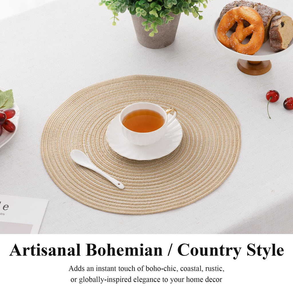 15 inch Round Placemats Set of 6, Cotton Polyester Woven Braided Place Mats, Washable Heat Resistant Circle Table