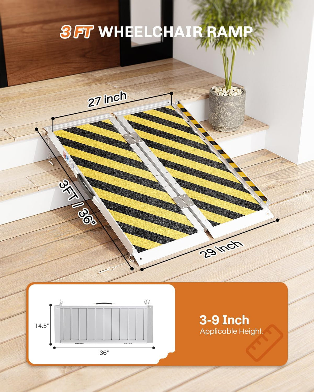 Portable Wheelchair Ramp 3 FT, Aluminum Folding Ramps for Wheelchairs for Home Steps with Handle & Non-Skid Surface