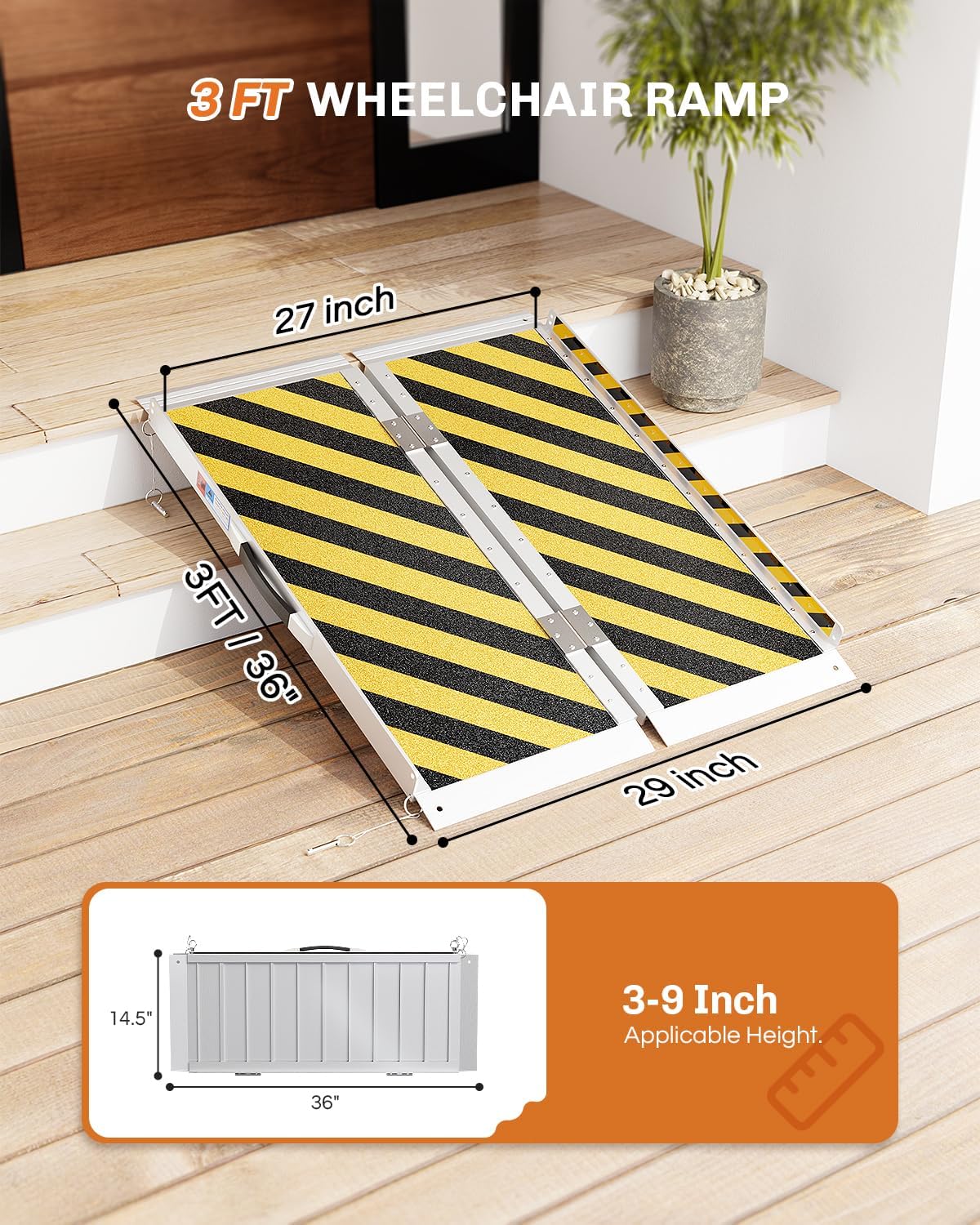 Portable Wheelchair Ramp 3 FT, Aluminum Folding Ramps for Wheelchairs for Home Steps with Handle & Non-Skid Surface