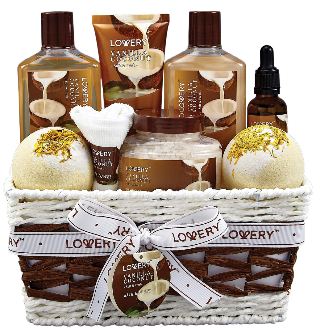 Gifts For Women Gift Basket for Women– 9 Piece Set of Vanilla Coconut Home Spa Set, Luxurious Gifts for Her, Bath and