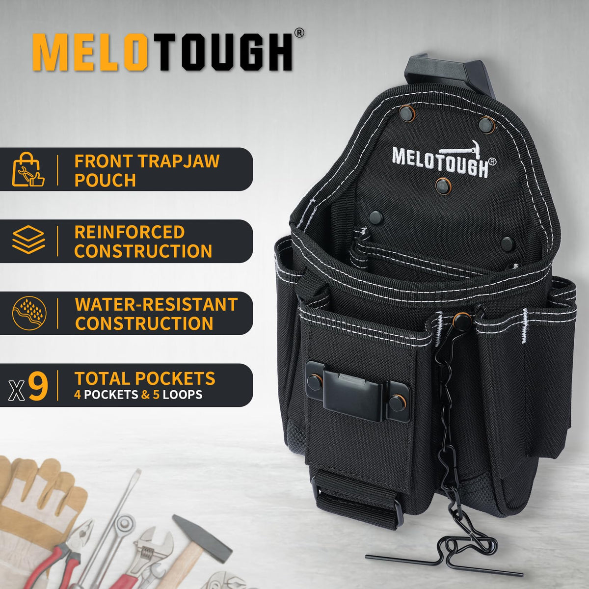 Professional Small Electrician Tool Pouch for Tool Belt Pockets with Belt Clip Attachment 9 Pockets Tradesman Tool