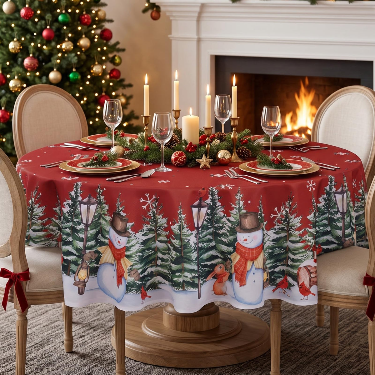 Christmas Table Cloth Round 70 Inch Winter Snowman Trees Red