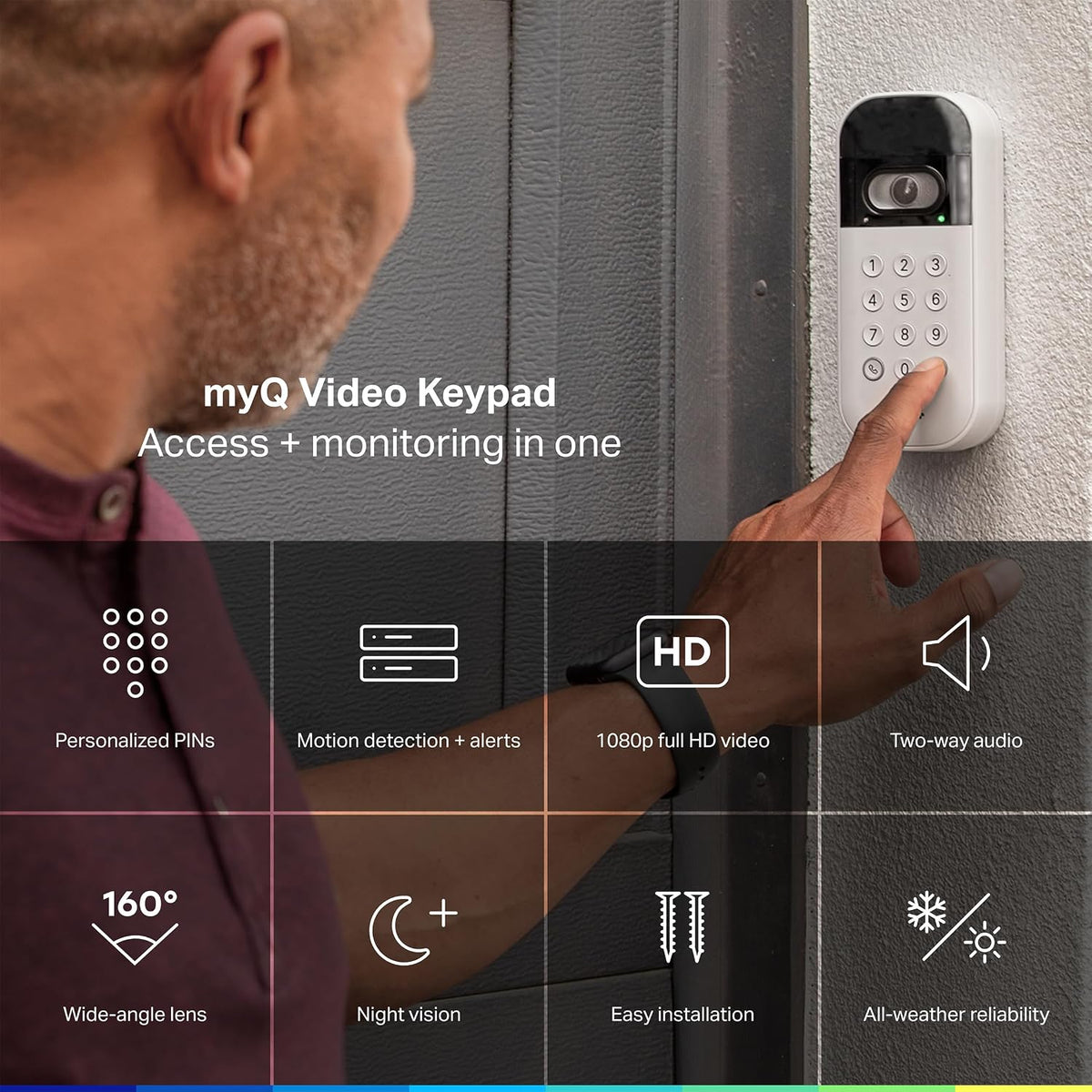 myQ Smart Garage Door Video Keypad + Rechargeable Battery, with Wide-Angle Camera, Customizable PIN Codes, and