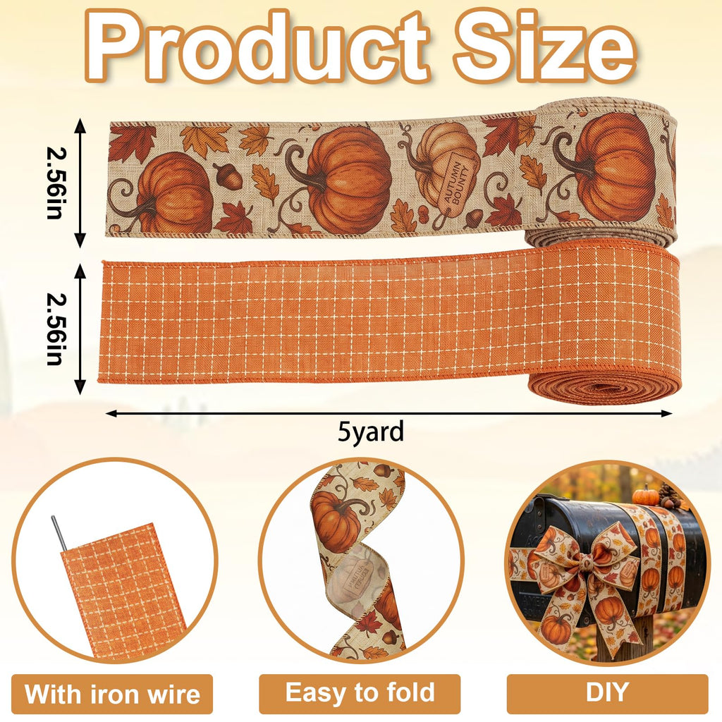 2 Rolls 2.5 Inch x 10 Yards Fall Wired Ribbon