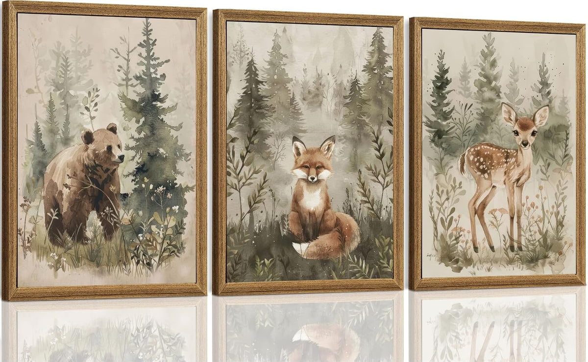 Woodland Animals Nursery Decor Framed Canvas Wall Art, 3pc 12x16 In | Cute Bear Fox Deer, Neutral Forest Animals