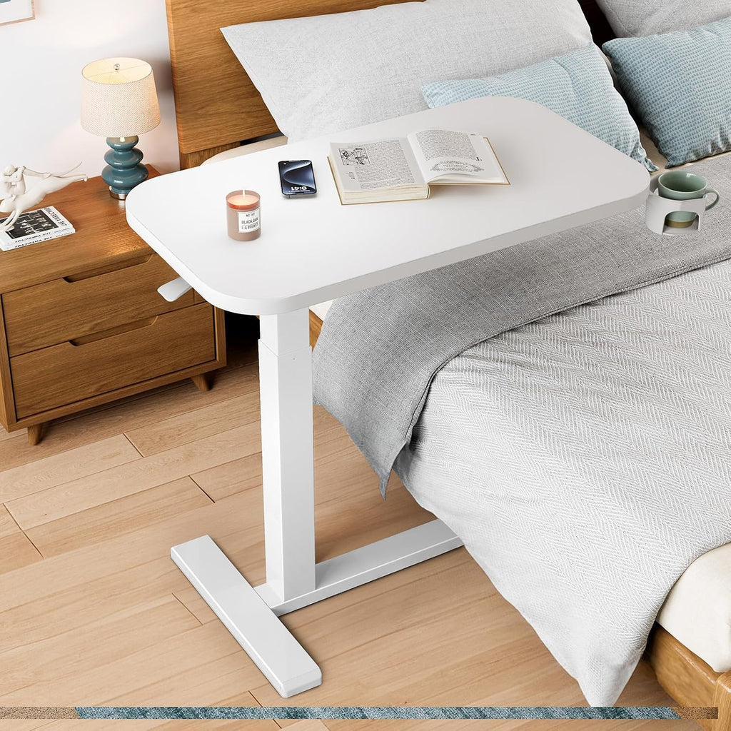 32Inch Bedside Table with Wheels, Height-Adjustable Rolling Computer Cart, Overbed Table with Cup Holder, Pneumatic