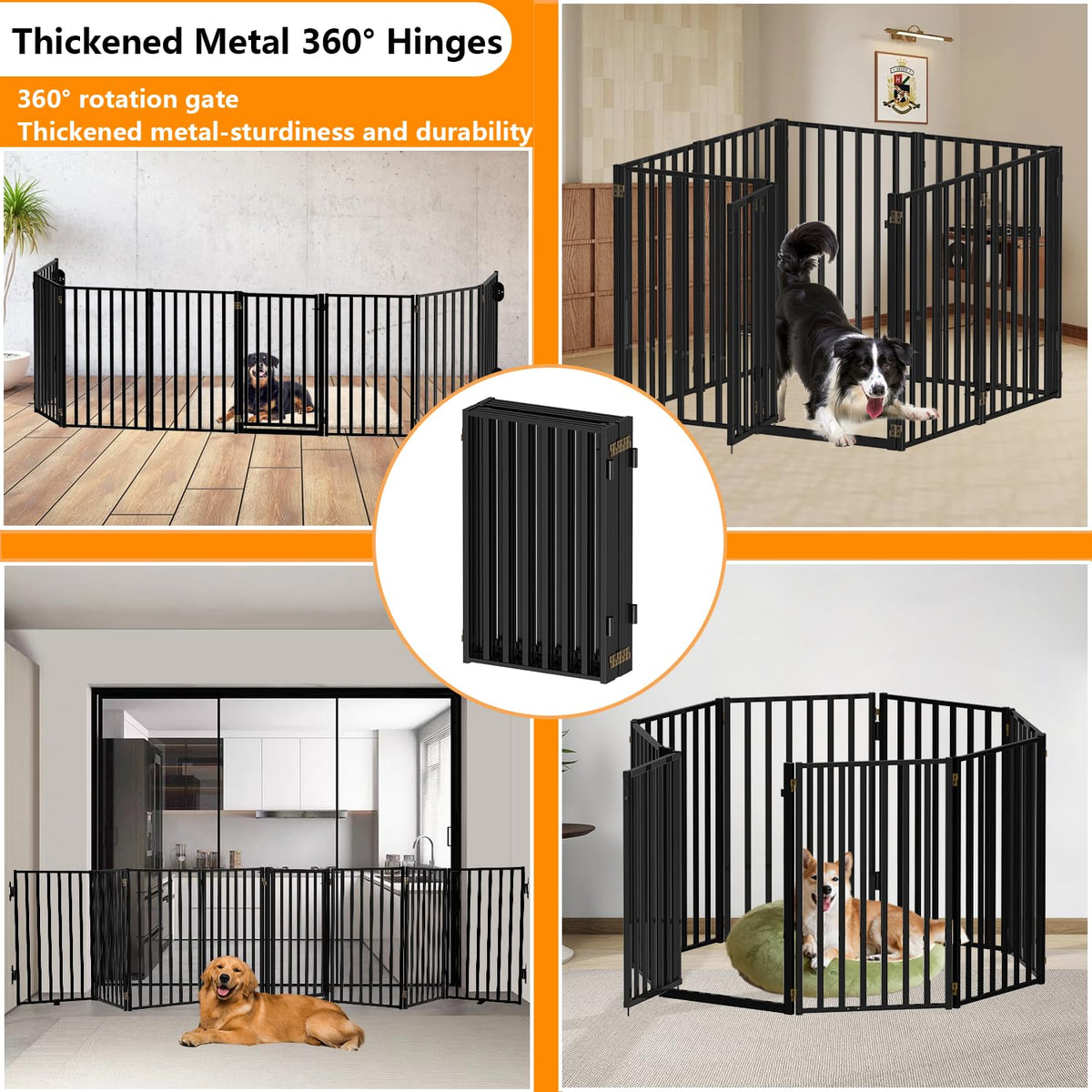 32" Tall 8-Panel Freestanding Heavy-Duty Steel Folding Pet & Dog Barrier Gate with Walk-Through Swing Door for Wide Indoor Openings, Hallways & Stairs