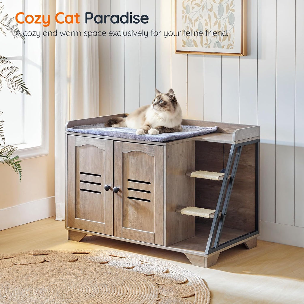 Cat Litter Box Enclosure with Ladder, Hidden Litter Box Furniture with Rechargeable 3-Color LED, Plush, Teaser Balls