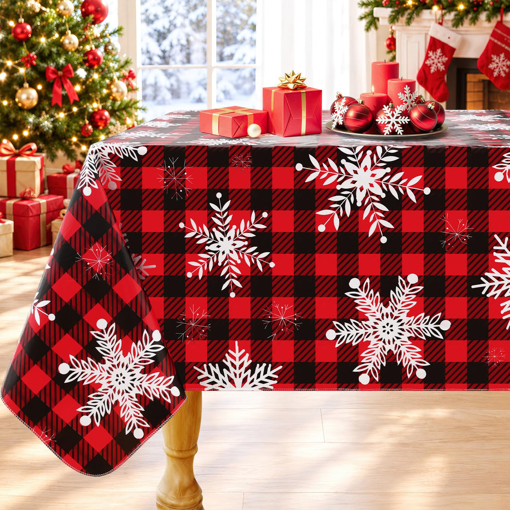 Christmas Rectangle Table Cloth, Waterproof Vinyl Tablecloth with Flannel Backing, Wipeable Bufflo Checked Snowflake