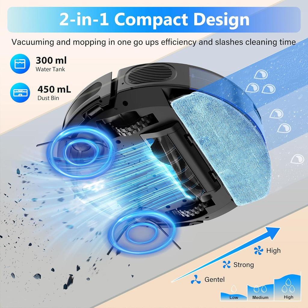 Robot Vacuum and Mop Combo, 5000Pa Robotic Vacuum Cleaner, 150 Min Max, App & Remote Control, Ideal for Hard Floor