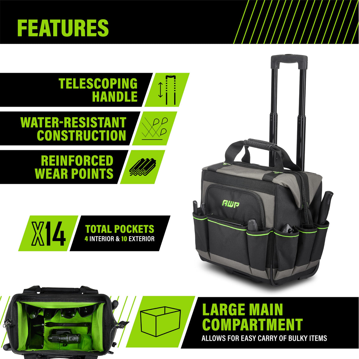 Water-Resistant Rolling Tool Bag, 14in, 1 Pack, Black