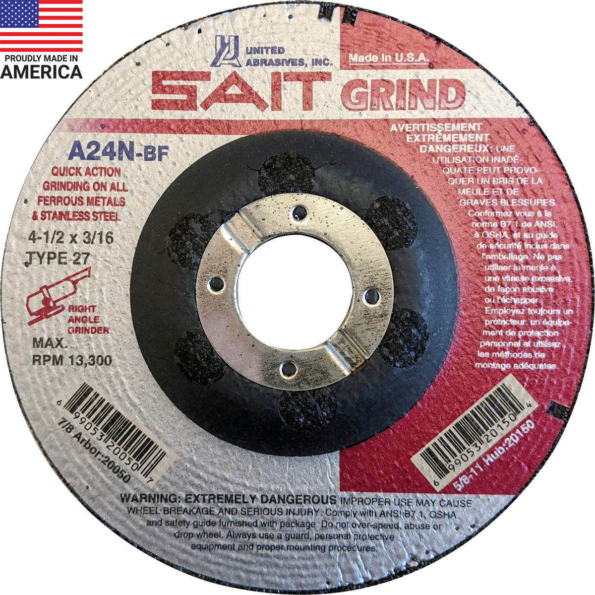 United Abrasives-SAIT 20050 A24N Fast Grinding Wheel 4" x 3/16" x 7/8" Type 27, 25-Pack